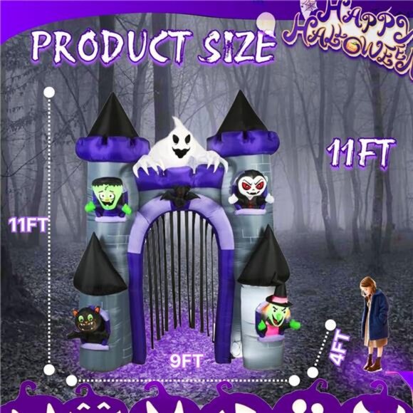 11 FT Halloween Inflatable Haunted Castle Archway, Giant Blow Up Outdoor - Picture 2 of 7
